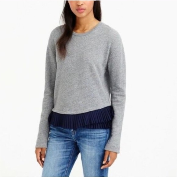 J Crew Crewneck Sweatshirt Gray Navy Blue Ruffled Hem High-Lo Small - Picture 1 of 7